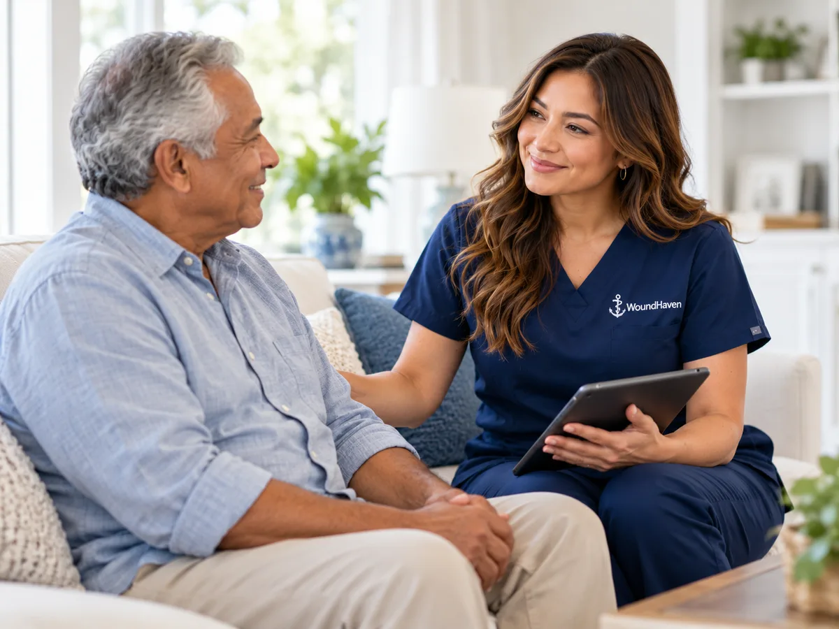 A clinician speaking with an older adult at home