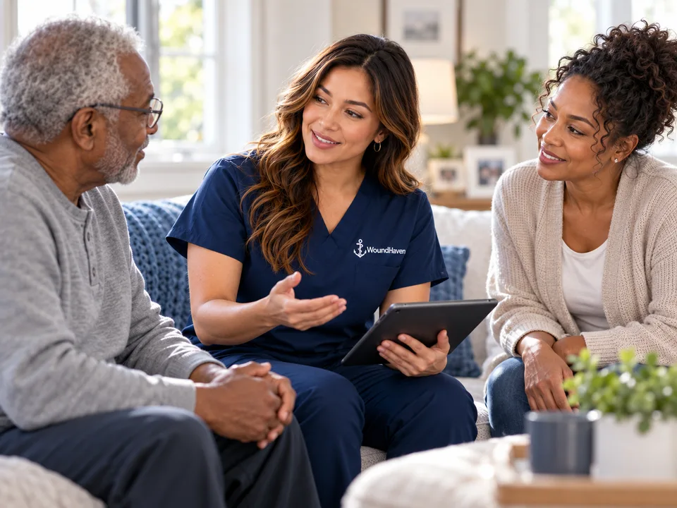 A clinician speaking with a patient and caregiver in a home