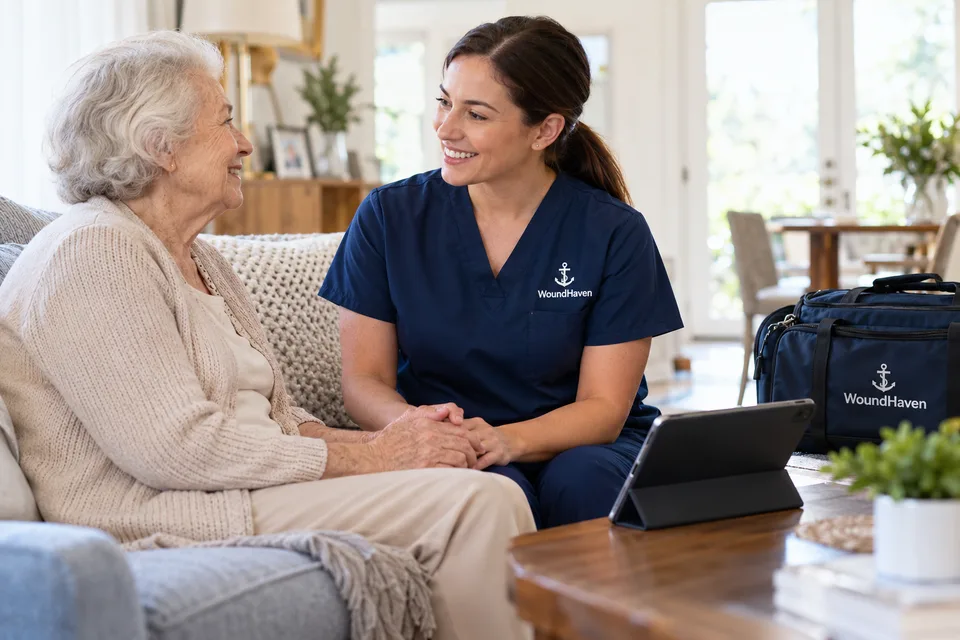 A clinician speaking with an older adult at home