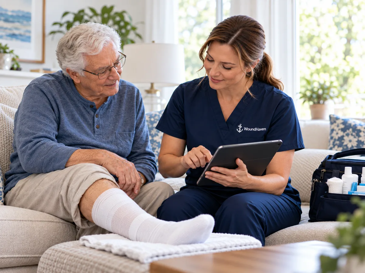 A clinician using a tablet during a home care discussion