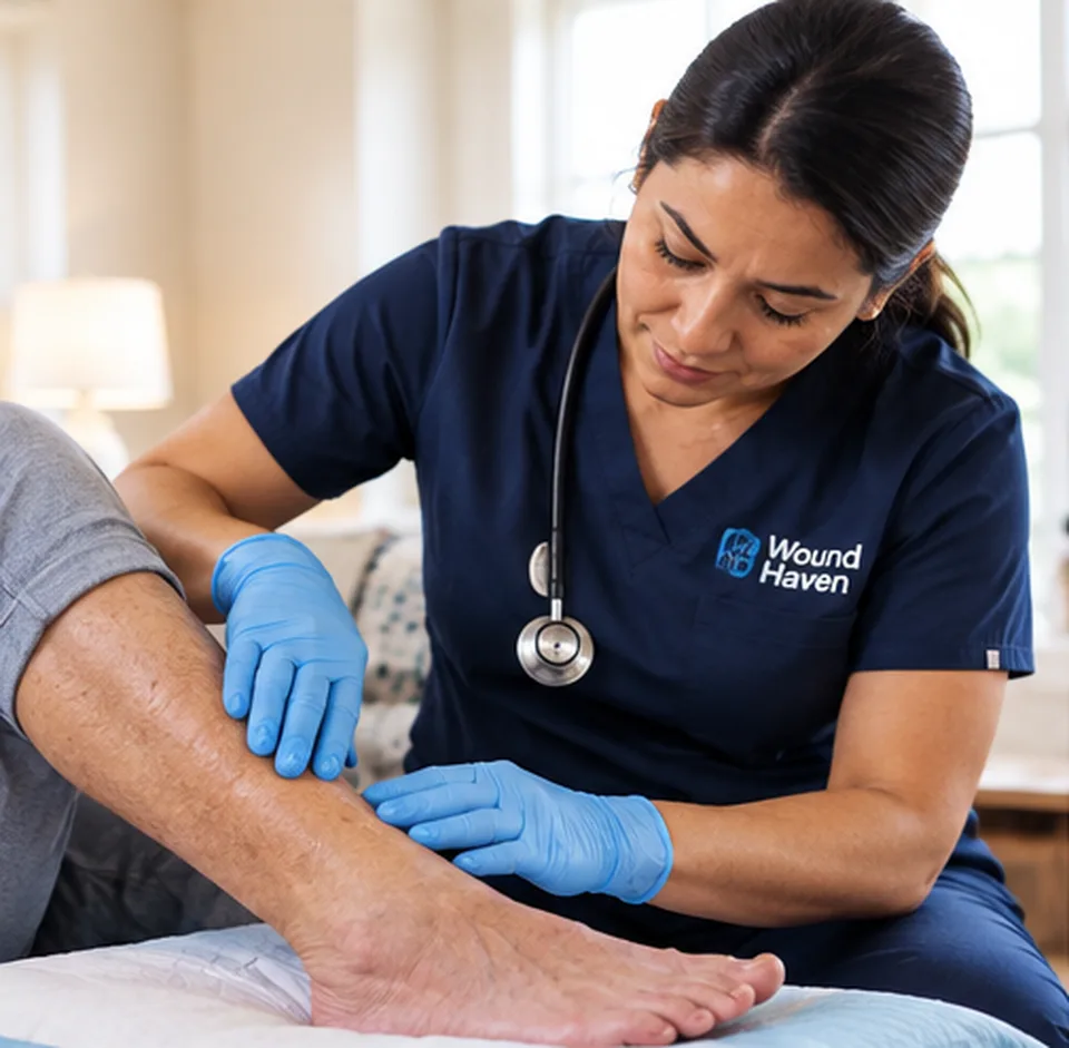 A clinician assessing an older adult’s lower leg using gloved hands