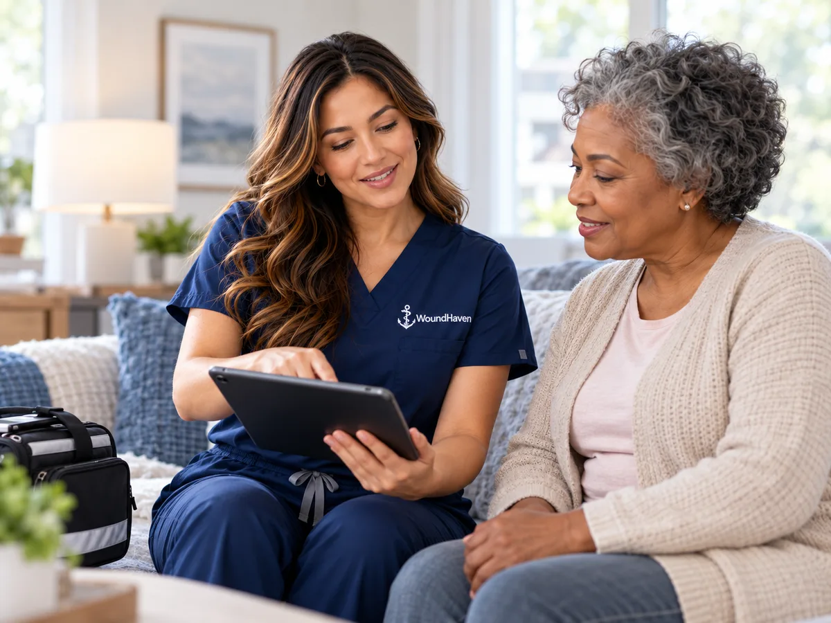 A clinician reviewing a care plan with a patient at home