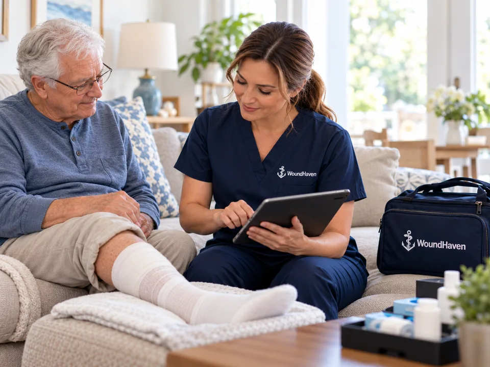 A clinician reviewing a tablet with a patient at home