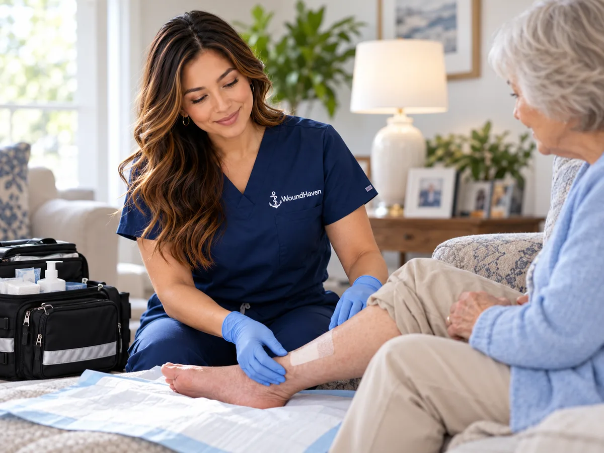 A clinician assessing an older adult’s lower leg in a home